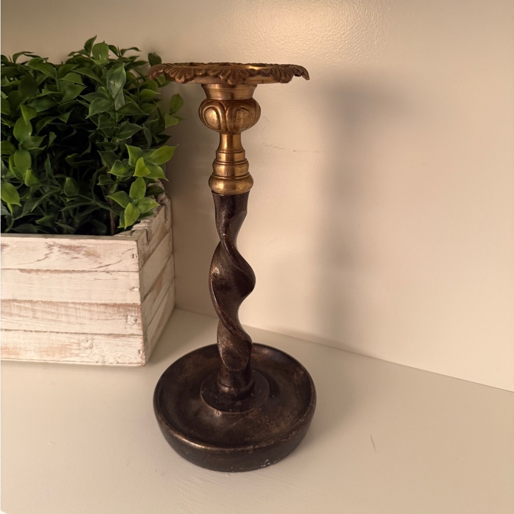 Maitland Smith Single Bronze & Barley Twisted Brass Candlestick Holder. Vintage